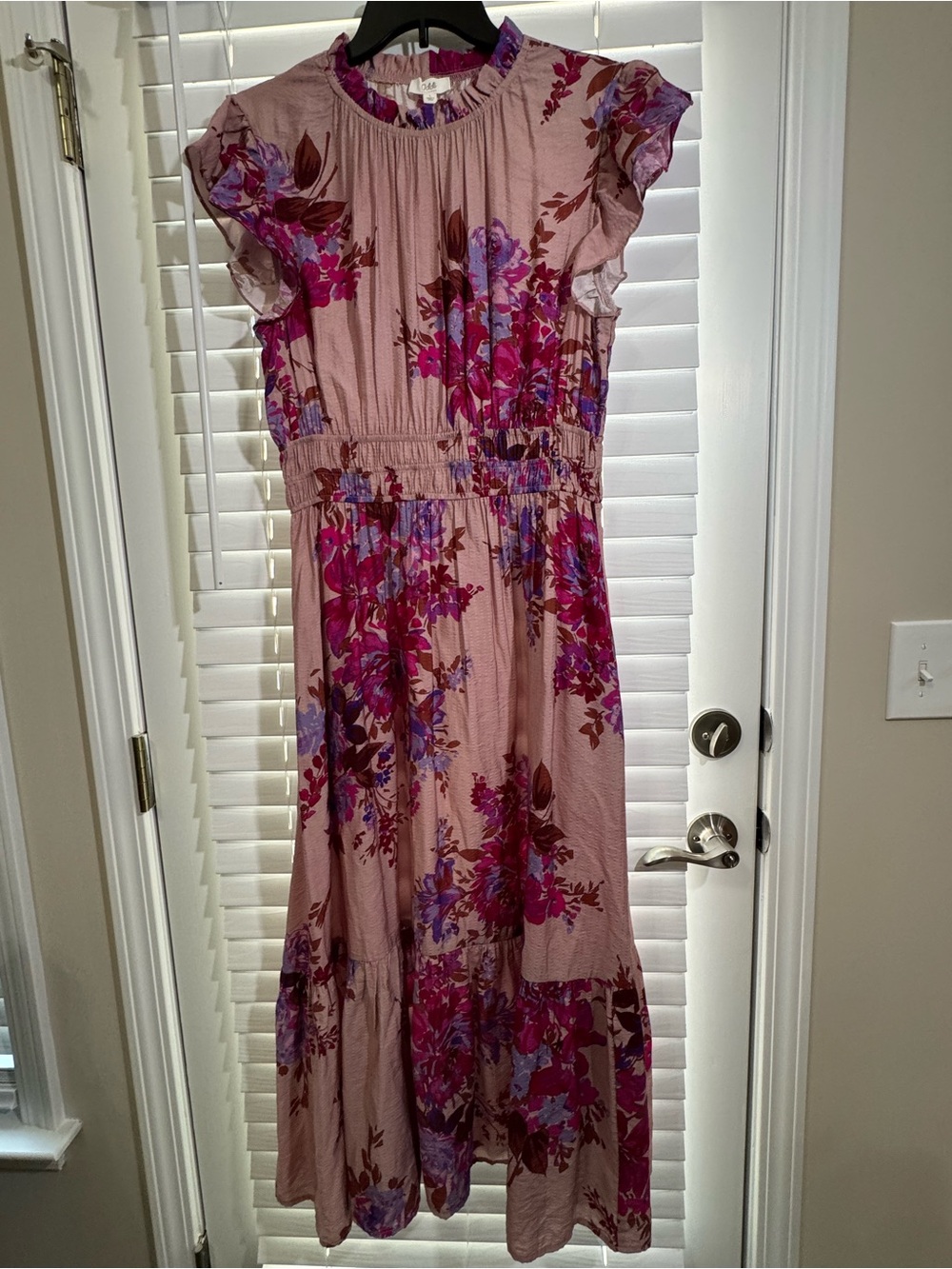 Oddi Floral Ruffle-Sleeve Midi Dress - Pink Size L